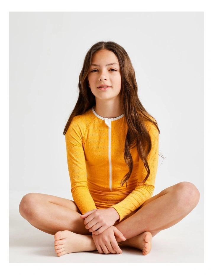 Long Sleeve 1/4 Zip One Piece with Contrast Sleeves in Yellow image 1