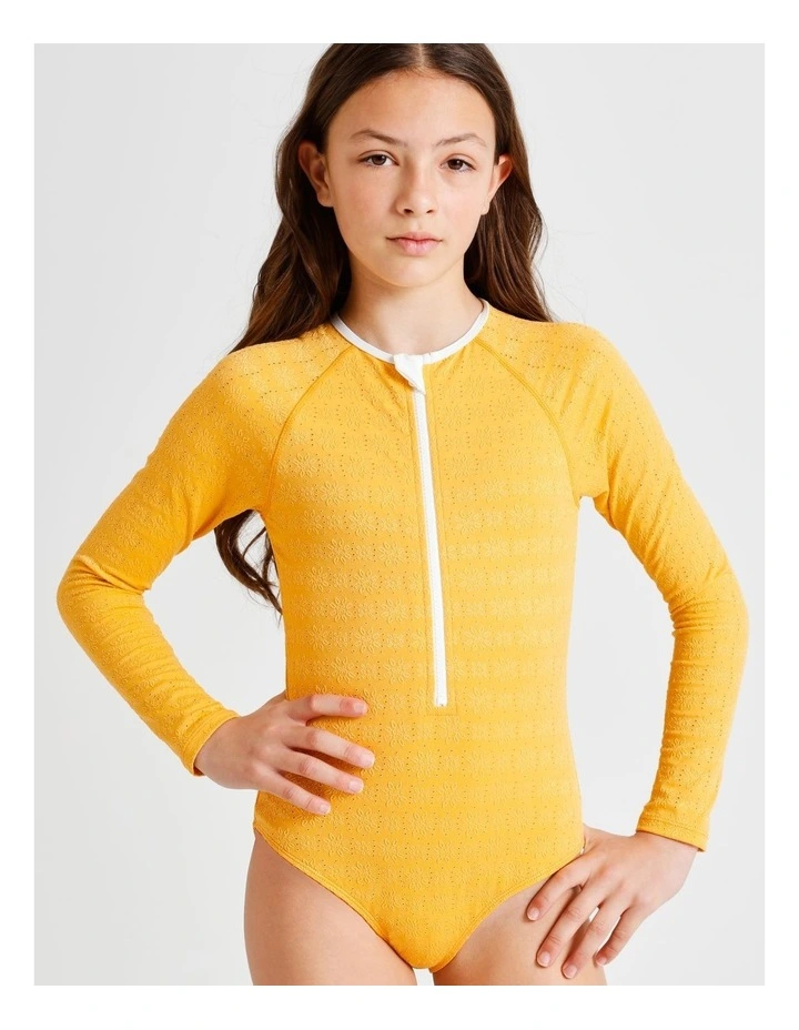 Long Sleeve 1/4 Zip One Piece with Contrast Sleeves in Yellow image 2