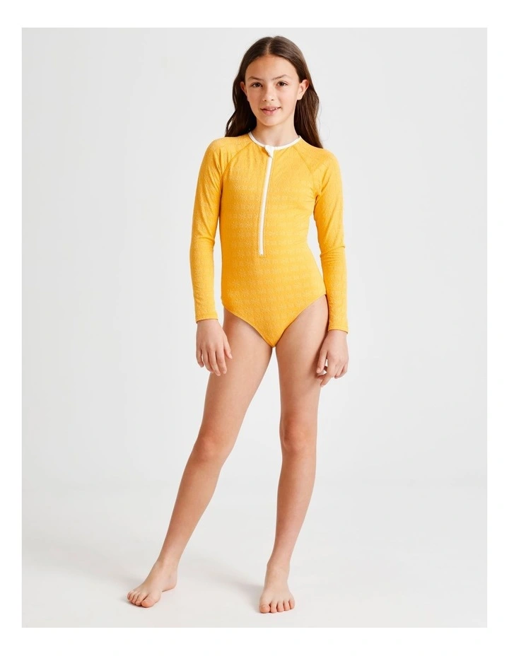 Long Sleeve 1/4 Zip One Piece with Contrast Sleeves in Yellow image 3