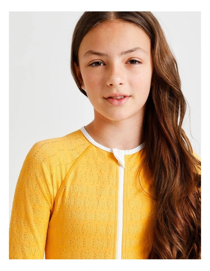 Long Sleeve 1/4 Zip One Piece with Contrast Sleeves in Yellow image 4
