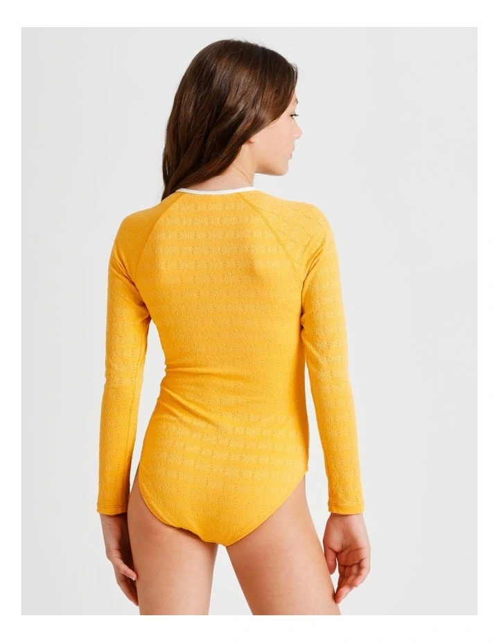 Long Sleeve 1/4 Zip One Piece with Contrast Sleeves in Yellow image 5