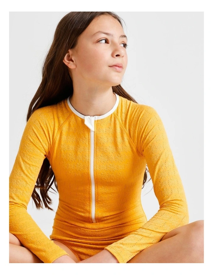 Long Sleeve 1/4 Zip One Piece with Contrast Sleeves in Yellow image 6