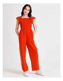 Sleeveless Linen Shirred Bodice Jumpsuit with Back Tie in Red
