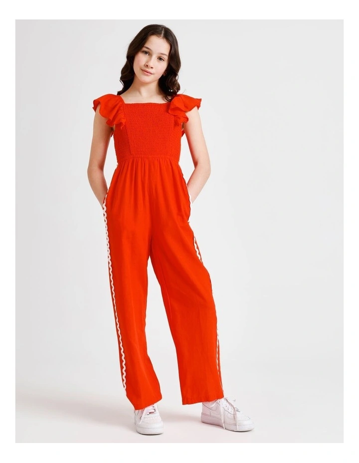 Sleeveless Linen Shirred Bodice Jumpsuit with Back Tie in Red image 1