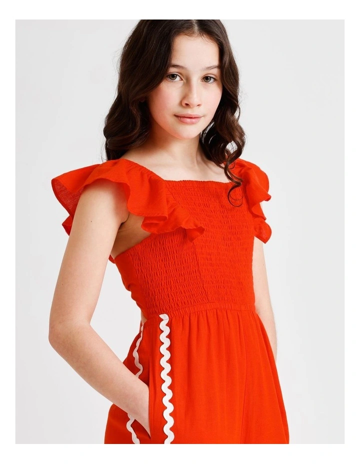 Sleeveless Linen Shirred Bodice Jumpsuit with Back Tie in Red image 2