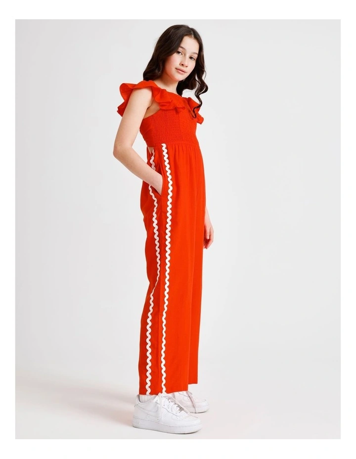 Sleeveless Linen Shirred Bodice Jumpsuit with Back Tie in Red image 3
