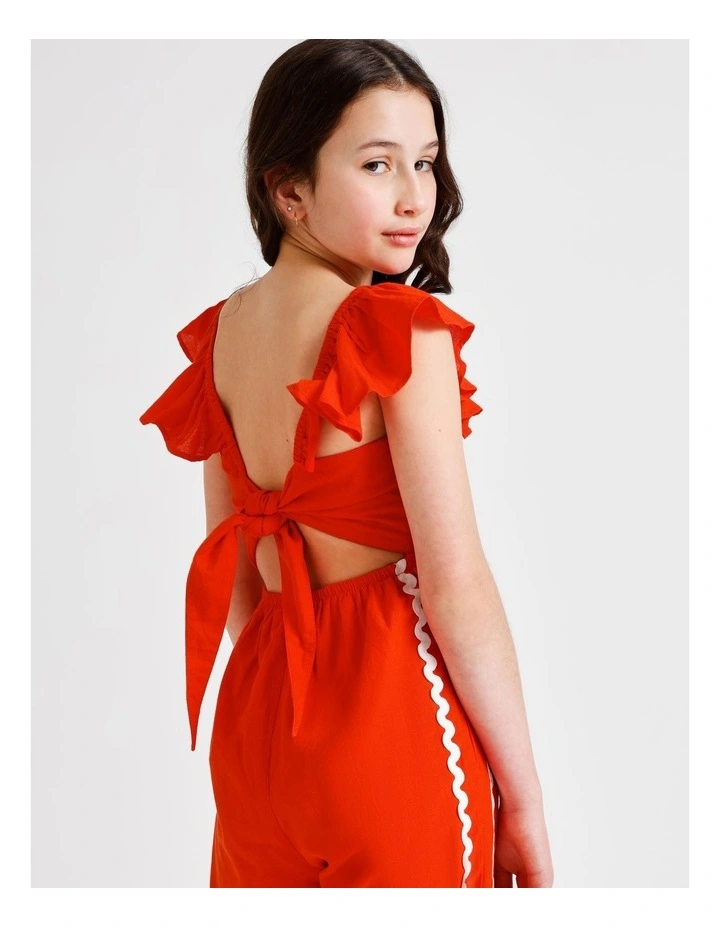 Sleeveless Linen Shirred Bodice Jumpsuit with Back Tie in Red image 4
