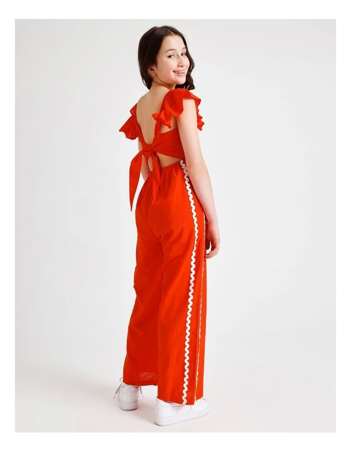 Sleeveless Linen Shirred Bodice Jumpsuit with Back Tie in Red image 5