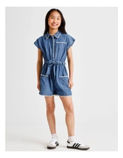 Short Sleeve Chambray Boiler Playsuit in Mid Wash with Trim Detail