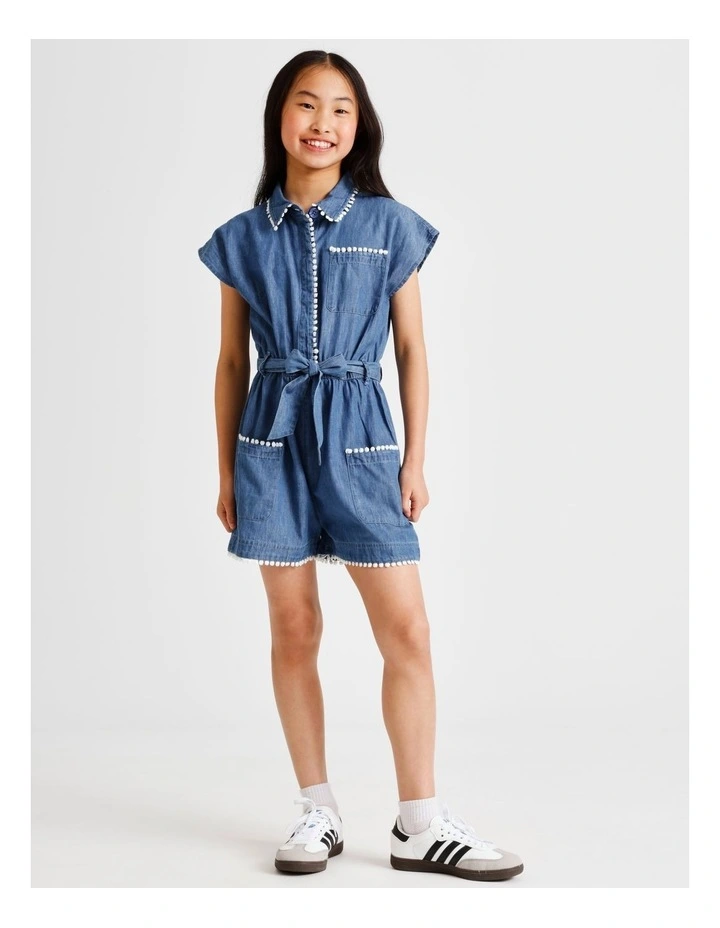 Short Sleeve Chambray Boiler Playsuit in Mid Wash with Trim Detail image 1