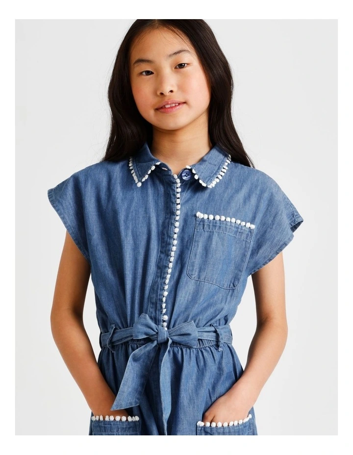 Short Sleeve Chambray Boiler Playsuit in Mid Wash with Trim Detail image 2