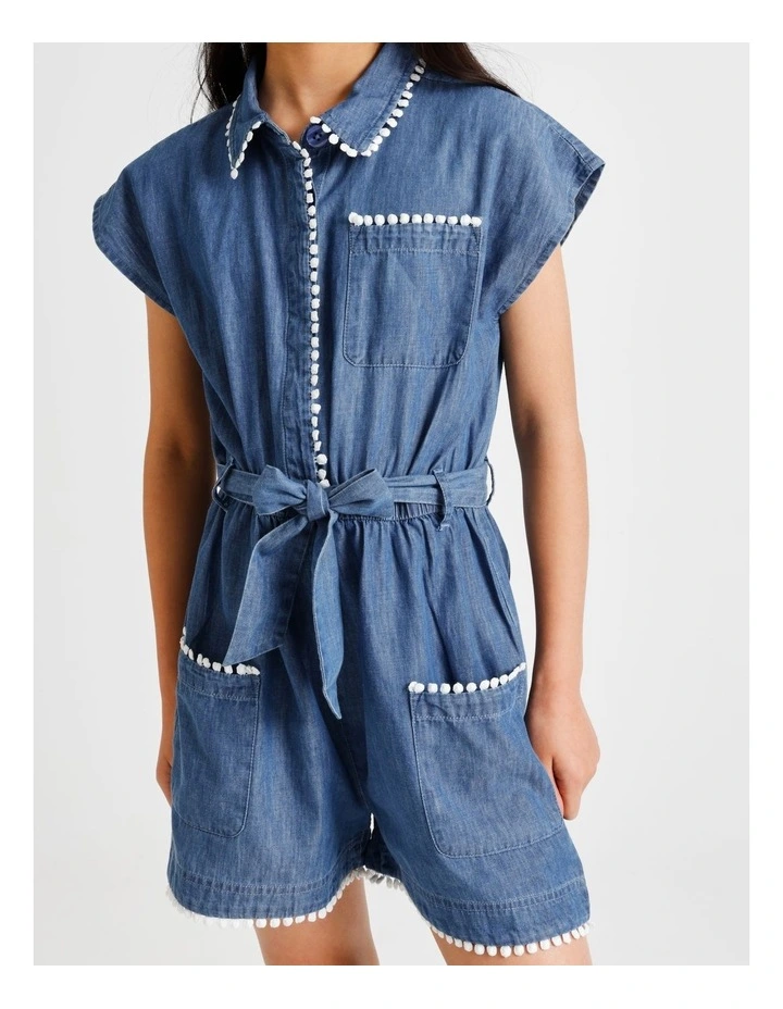 Short Sleeve Chambray Boiler Playsuit in Mid Wash with Trim Detail image 3