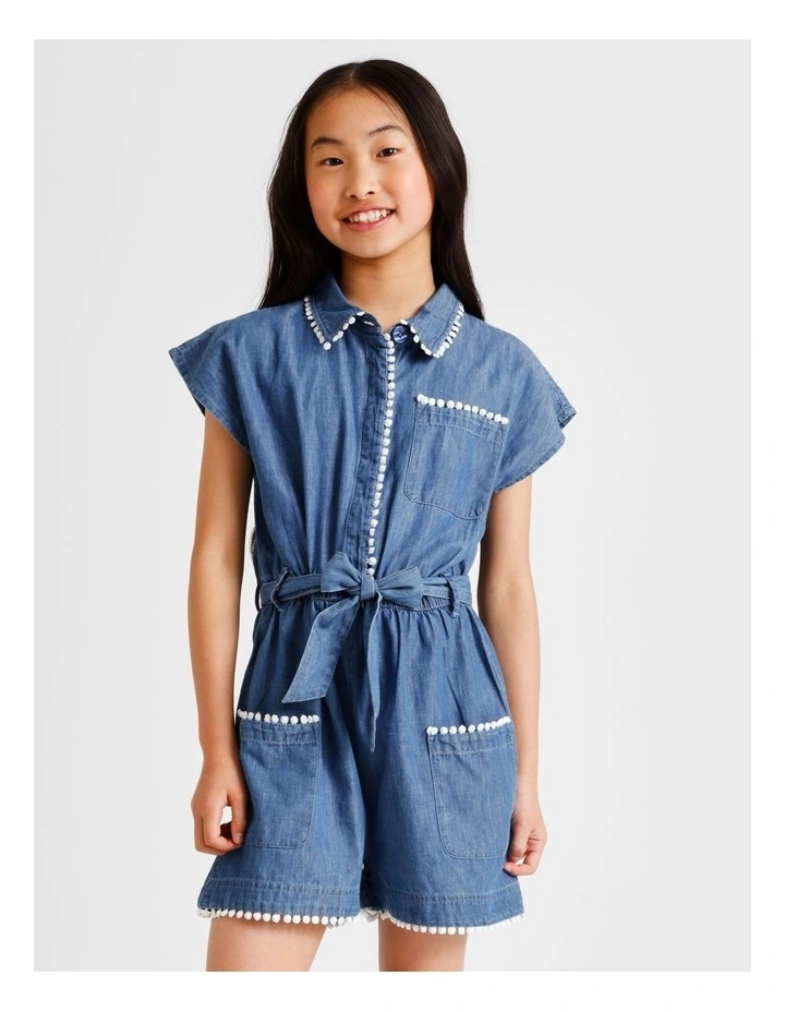Short Sleeve Chambray Boiler Playsuit in Mid Wash with Trim Detail image 4