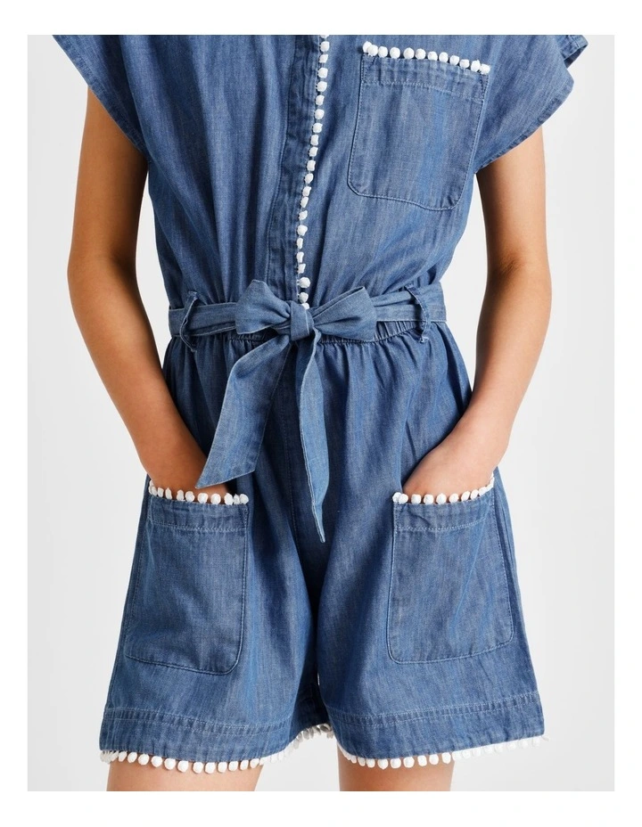 Short Sleeve Chambray Boiler Playsuit in Mid Wash with Trim Detail image 5