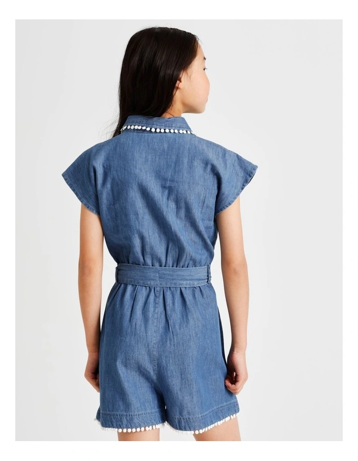Short Sleeve Chambray Boiler Playsuit in Mid Wash with Trim Detail image 6