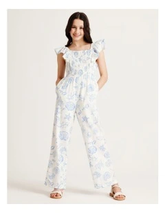 Sleeveless Linen Shirred Bodice Jumpsuit with Back Tie in White and Blue