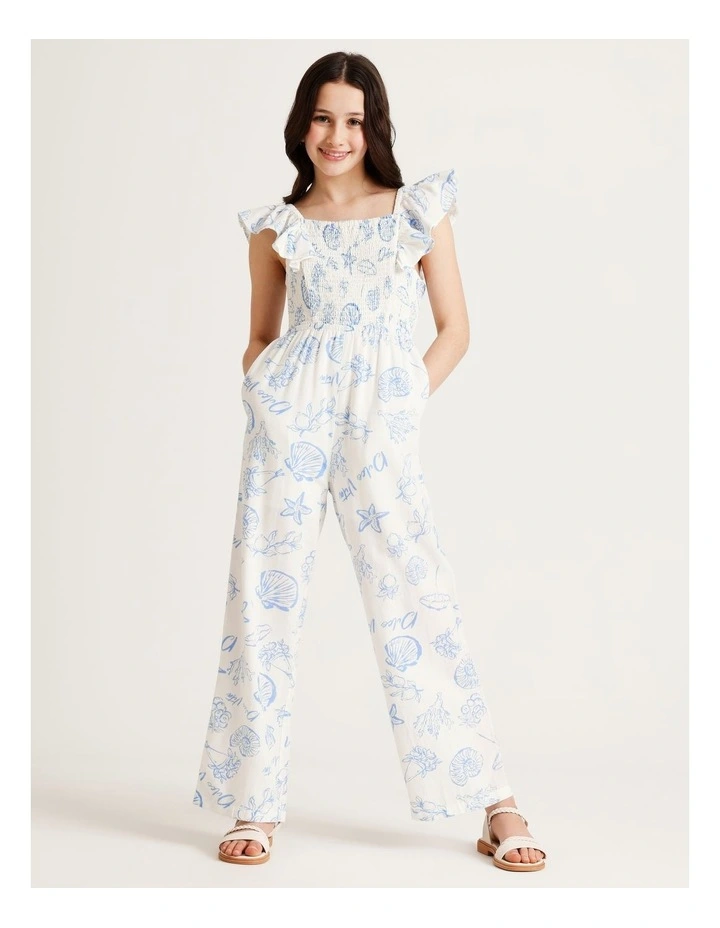 Sleeveless Linen Shirred Bodice Jumpsuit with Back Tie in White and Blue image 1