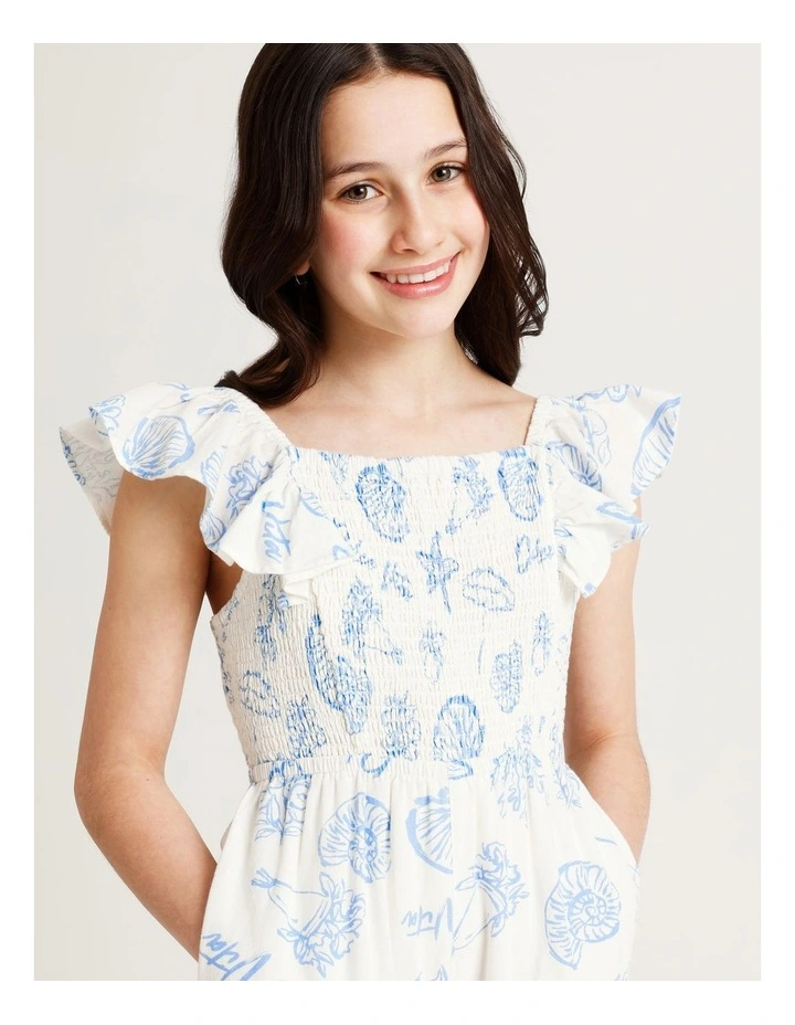 Sleeveless Linen Shirred Bodice Jumpsuit with Back Tie in White and Blue image 2