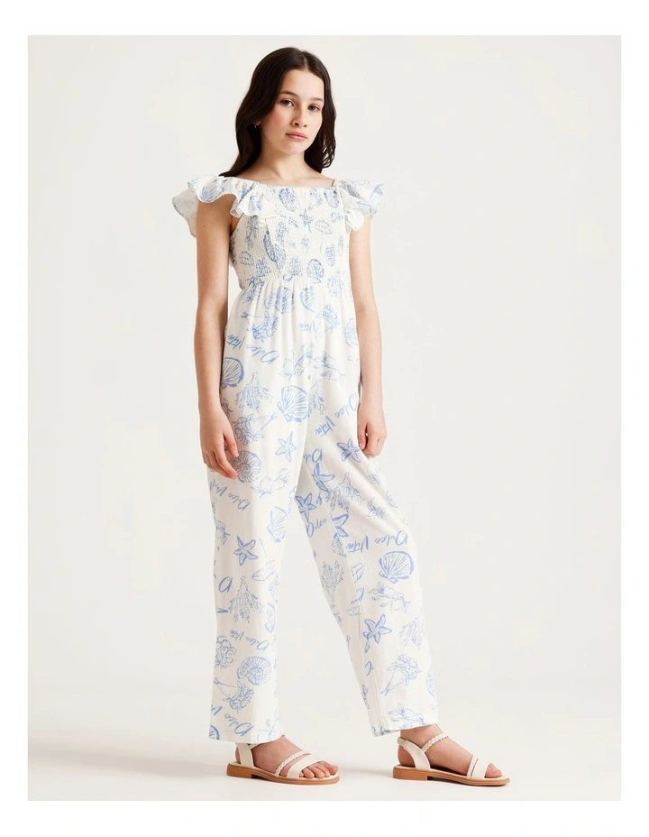 Sleeveless Linen Shirred Bodice Jumpsuit with Back Tie in White and Blue image 3