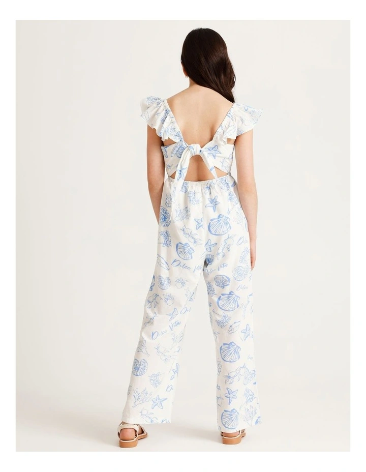 Sleeveless Linen Shirred Bodice Jumpsuit with Back Tie in White and Blue image 4