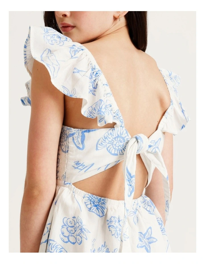 Sleeveless Linen Shirred Bodice Jumpsuit with Back Tie in White and Blue image 5