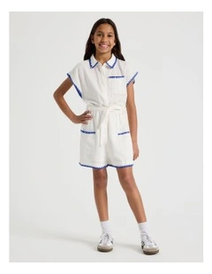 Short Sleeve Linen Boiler Playsuit in White