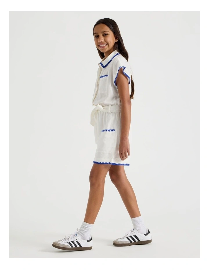 Short Sleeve Linen Boiler Playsuit in White image 3