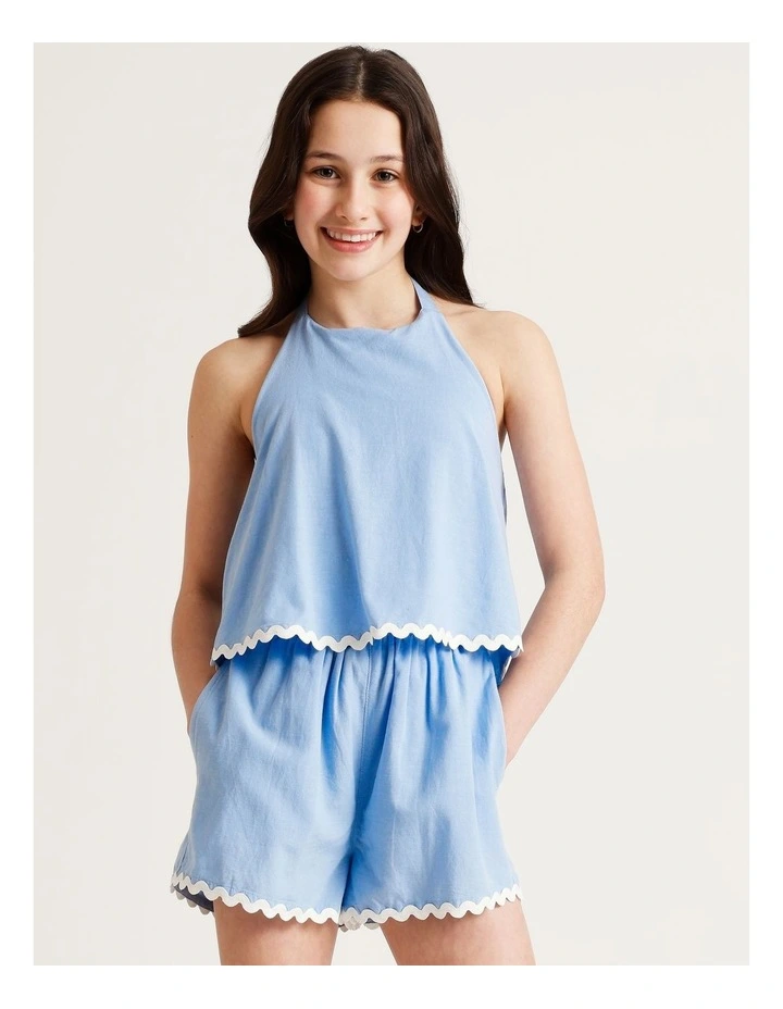 Sleeveless Linen Halter Playsuit in Blue image 2