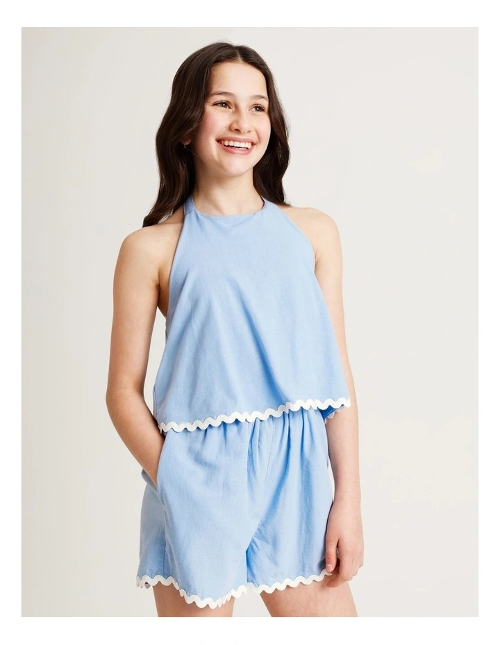 Sleeveless Linen Halter Playsuit in Blue image 4