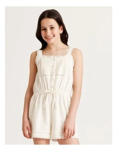 Short Sleeve Lace Playsuit with Pintucks & Lace Trim in White