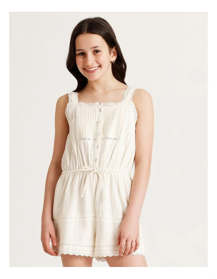 Short Sleeve Lace Playsuit with Pintucks & Lace Trim in White image 1