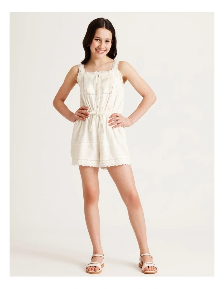 Short Sleeve Lace Playsuit with Pintucks & Lace Trim in White image 2