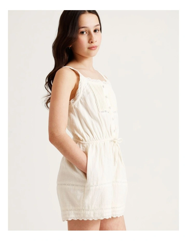 Short Sleeve Lace Playsuit with Pintucks & Lace Trim in White image 3