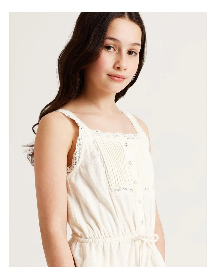 Short Sleeve Lace Playsuit with Pintucks & Lace Trim in White image 4