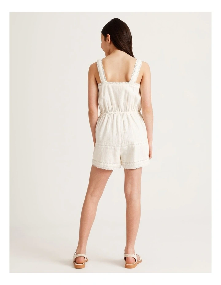 Short Sleeve Lace Playsuit with Pintucks & Lace Trim in White image 5