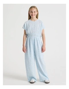 Wide Leg Jumpsuit with Side Bows in Ditzy Floral in Light Blue