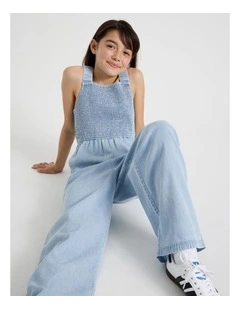 Denim Shirred Bodice Jumpsuit with Embroidery Hem in Denim