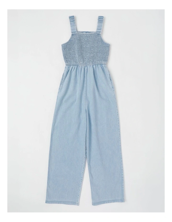 Denim Shirred Bodice Jumpsuit with Embroidery Hem in Denim image 1
