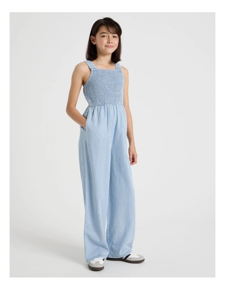 Denim Shirred Bodice Jumpsuit with Embroidery Hem in Denim image 2