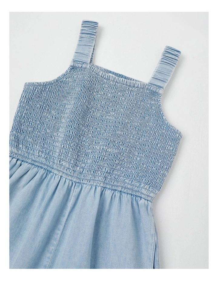 Denim Shirred Bodice Jumpsuit with Embroidery Hem in Denim image 2