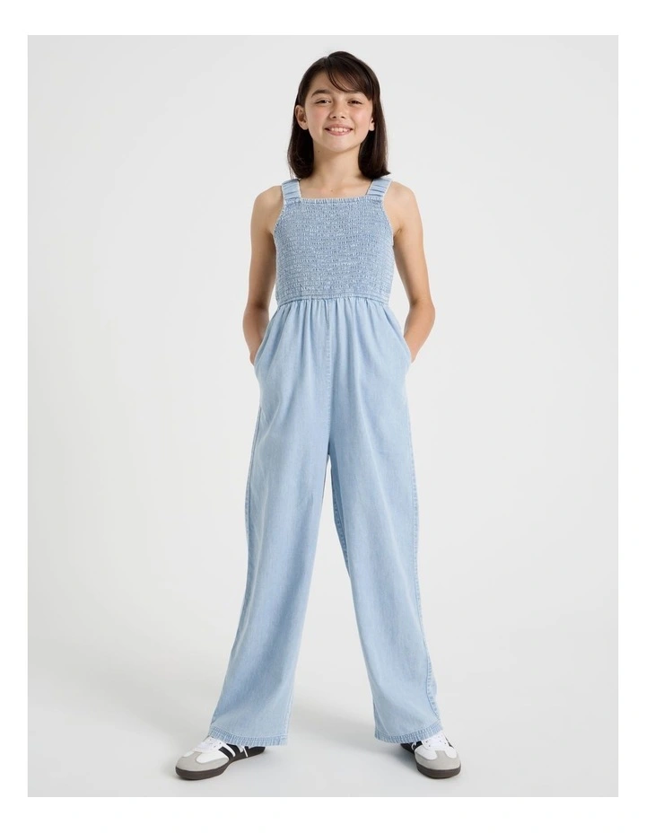 Denim Shirred Bodice Jumpsuit with Embroidery Hem in Denim image 3