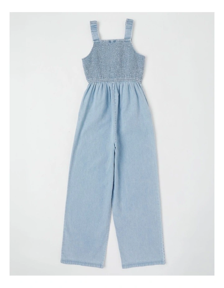 Denim Shirred Bodice Jumpsuit with Embroidery Hem in Denim image 3