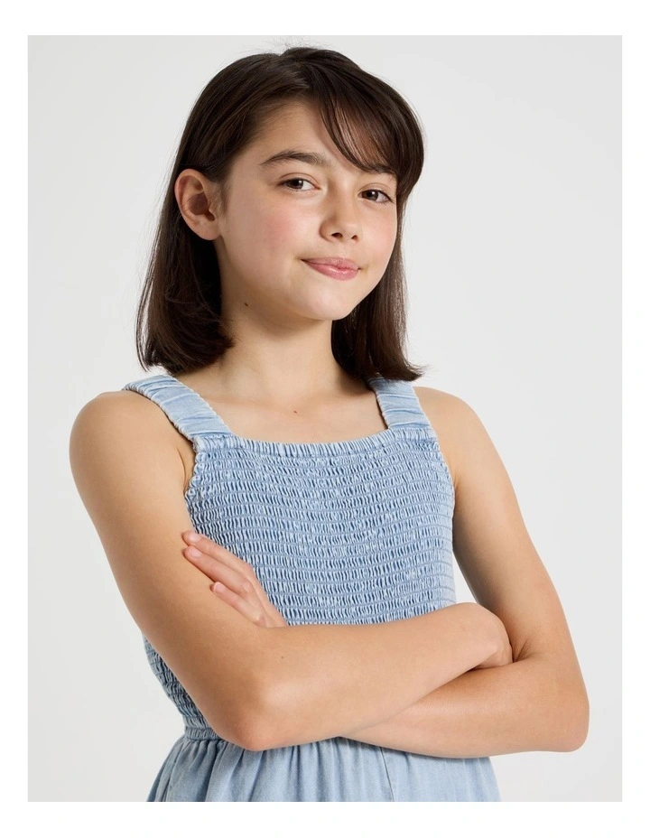 Denim Shirred Bodice Jumpsuit with Embroidery Hem in Denim image 4