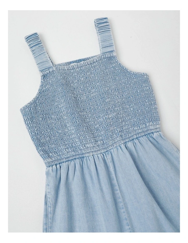 Denim Shirred Bodice Jumpsuit with Embroidery Hem in Denim image 4