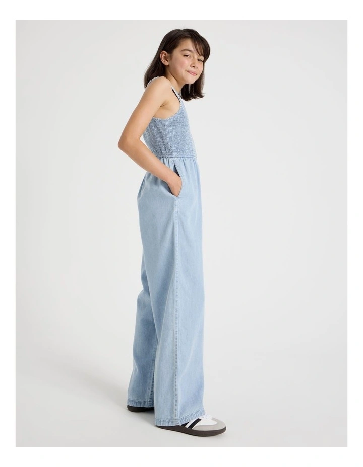 Denim Shirred Bodice Jumpsuit with Embroidery Hem in Denim image 5