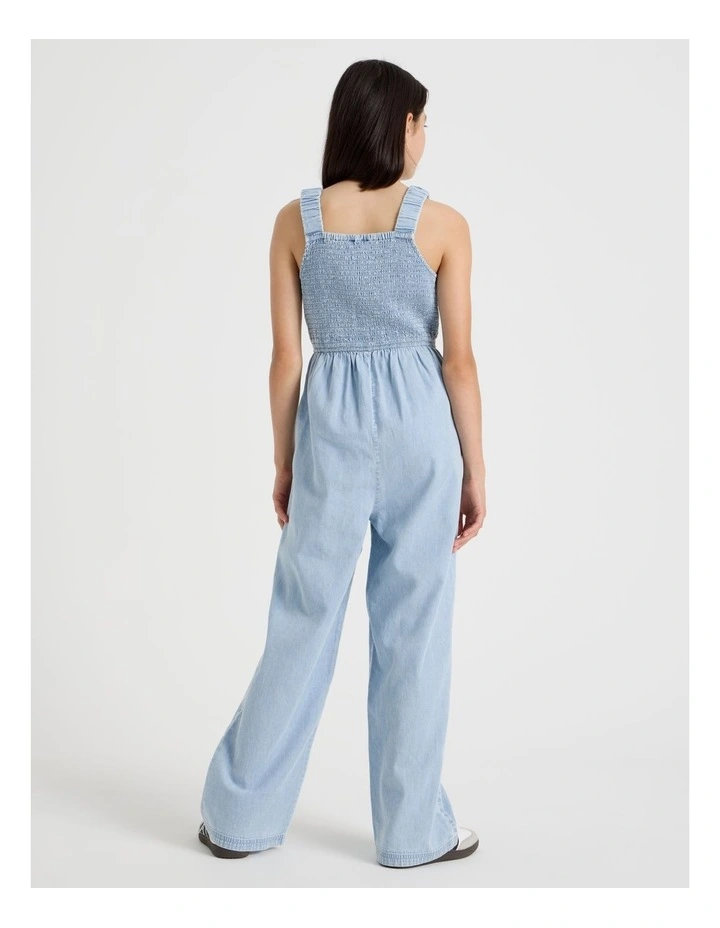 Denim Shirred Bodice Jumpsuit with Embroidery Hem in Denim image 6