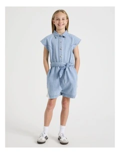 Denim Playsuit with Buttons And Lace Inserts in Denim