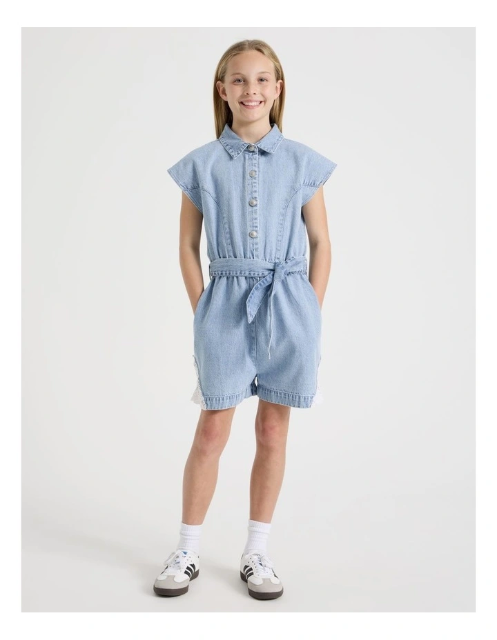 Denim Playsuit with Buttons And Lace Inserts in Denim image 1