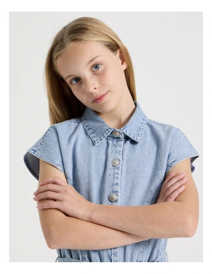 Denim Playsuit with Buttons And Lace Inserts in Denim image 2