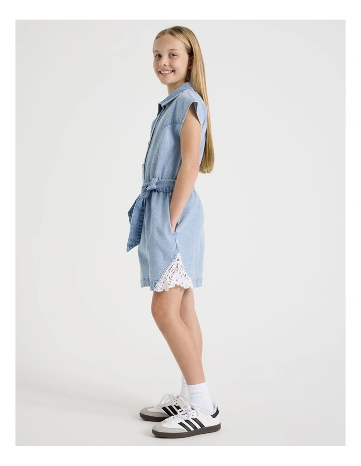 Denim Playsuit with Buttons And Lace Inserts in Denim image 3